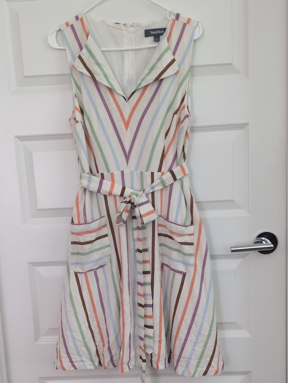 ModCloth Cream Striped Sleeveless Belted Midi Dress